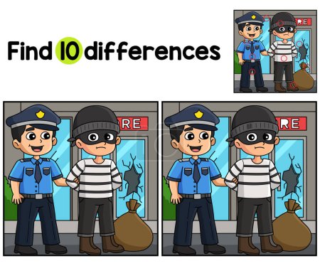 Find or spot the differences on this Police Man Arresting a Thief kids activity page. A funny and educational puzzle-matching game for children. 
