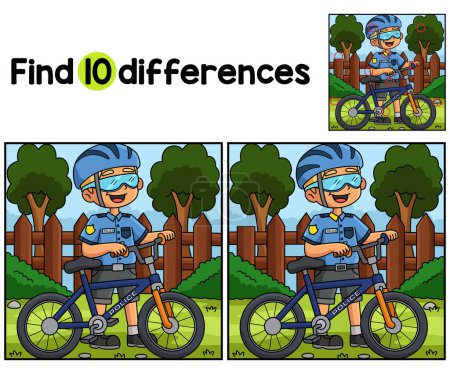 Téléchargez les illustrations : Trouvez ou repérez les différences sur cette page d'activité de policier avec un vélo pour enfants. Un jeu de puzzle amusant et éducatif pour les enfants. - en licence libre de droit