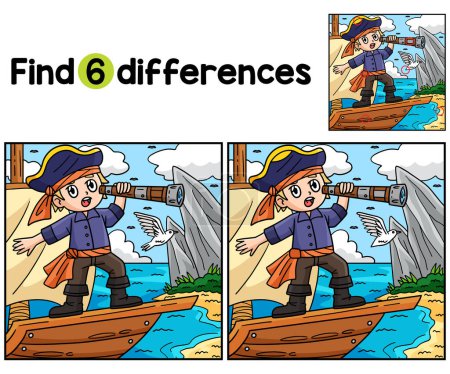 Find or spot the differences on this Pirate Looking through Telescope Kids activity page. A funny and educational puzzle-matching game for children.