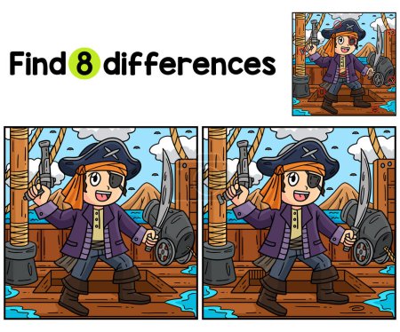 Find or spot the differences on this Pirate with Gun and Cutlass Kids activity page. A funny and educational puzzle-matching game for children.