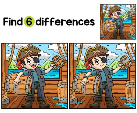 Encuentra o detecta las diferencias en esta página de actividades para niños Pirata con un barril de ron. Un divertido y educativo juego de puzzle a juego para los niños.