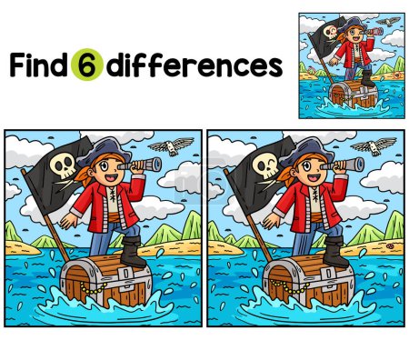 Encuentra o detecta las diferencias en esta página de actividades para niños piratas y pechos flotantes sobre el mar. Un divertido y educativo juego de puzzle a juego para los niños.