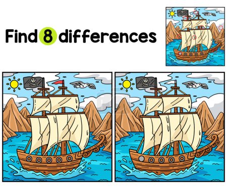 Find or spot the differences on this Pirate Ship Kids activity page. A funny and educational puzzle-matching game for children.