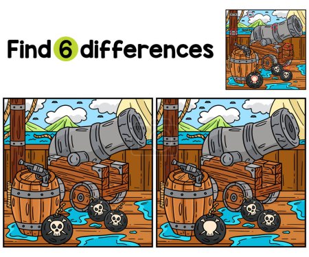 Find or spot the differences on this Pirate Cannon and Barrels kids activity page. A funny and educational puzzle-matching game for children.