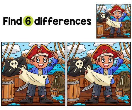 Find or spot the differences on this Pirate with Treasure Map kids activity page. A funny and educational puzzle-matching game for children.