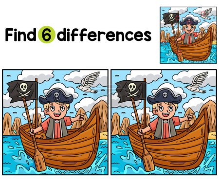 Find or spot the differences on this Pirate in a Rowboat Kids activity page. A funny and educational puzzle-matching game for children.
