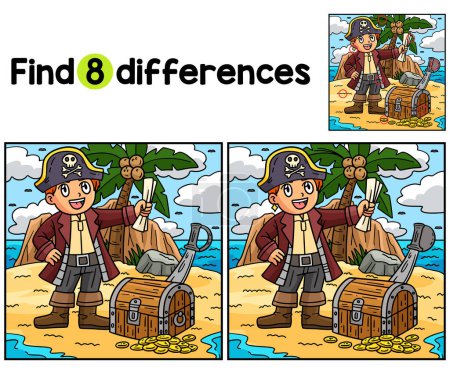 Find or spot the differences on this Pirate and Treasure Chest kids activity page. A funny and educational puzzle-matching game for children.