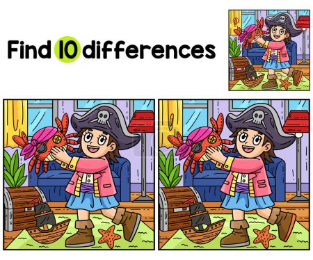 Find or spot the differences on this Child with a Pirate Crab Toy kids activity page. A funny and educational puzzle-matching game for children.