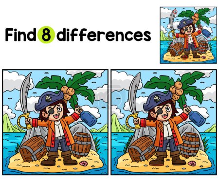 Find or spot the differences on this Pirate Captain on an Island Kids activity page. A funny and educational puzzle-matching game for children.