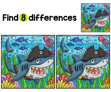 Find or spot the differences on this Pirate Shark Kids activity page. A funny and educational puzzle-matching game for children.