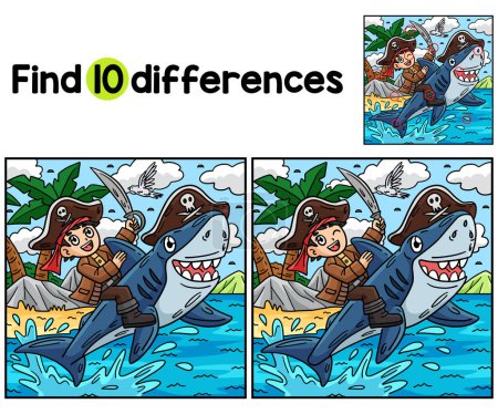 Find or spot the differences on this Pirate and Shark Kids activity page. A funny and educational puzzle-matching game for children.