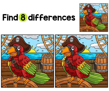 Find or spot the differences on this Pirate Parrot Kids activity page. A funny and educational puzzle-matching game for children.