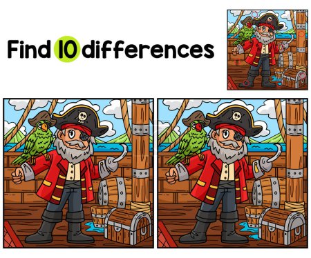 Find or spot the differences on this Pirate Captain with Parrot Kids activity page. A funny and educational puzzle-matching game for children.