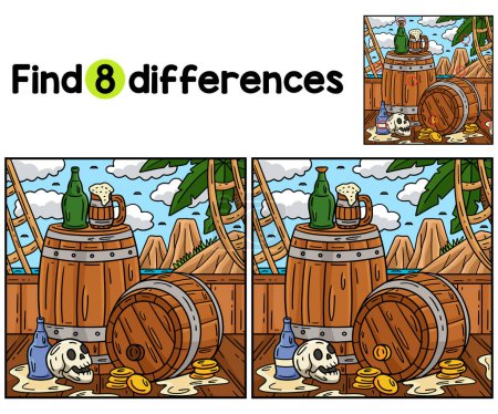 Find or spot the differences on this Pirate Rum and Barrel kids activity page. A funny and educational puzzle-matching game for children.