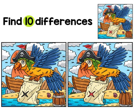 Find or spot the differences on this Pirate Parrot with a Map Kids activity page. A funny and educational puzzle-matching game for children.