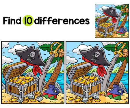 Find or spot the differences on this Pirate Treasure, Hat, and Cutlass Kids activity page. A funny and educational puzzle-matching game for children.