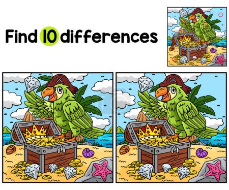 Find or spot the differences on this Pirate Parrot Perching on Chest kids activity page. A funny and educational puzzle-matching game for children.