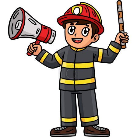 Ce clipart de bande dessinée montre un pompier avec l'illustration Megaphone.