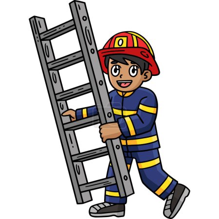 Este clipart de dibujos animados muestra un bombero con una ilustración de escalera.