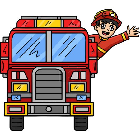 Este clipart de dibujos animados muestra a un bombero con una ilustración de camión de bomberos.