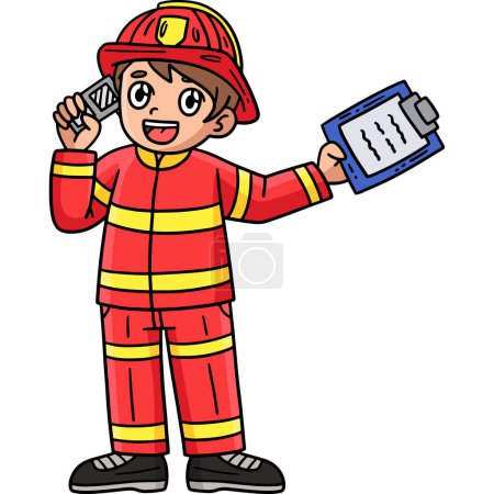 Illustration for This cartoon clipart shows a Firefighter Receiving a Call illustration. - Royalty Free Image