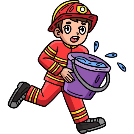 Ce clipart de bande dessinée montre un pompier avec une illustration seau d'eau.