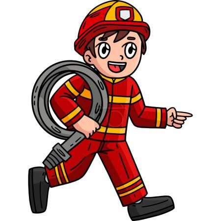 Dieser Cartoon-Clip zeigt einen Feuerwehrmann, der einen Feuerwehrschlauch trägt.