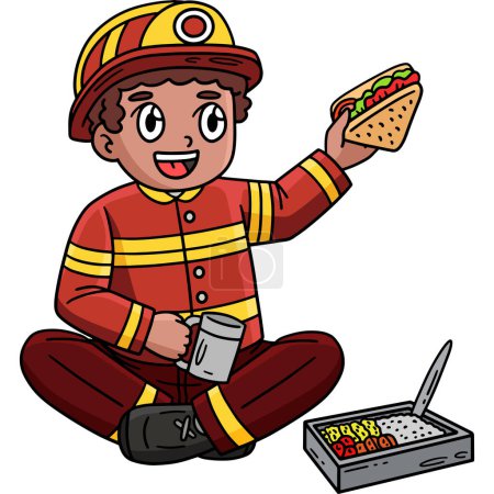 Este clipart de dibujos animados muestra un bombero comiendo ilustración almuerzo.