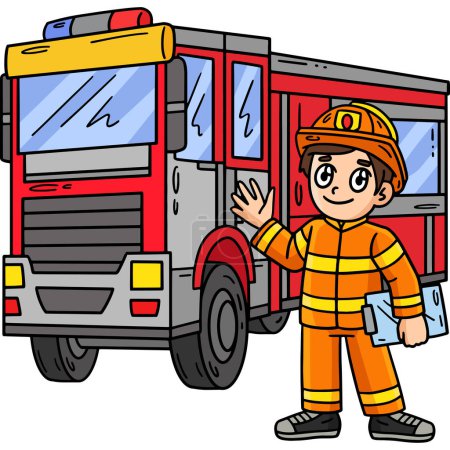 Dieses Cartoon-Cliparts zeigt einen Feuerwehrmann und Feuerwehrwagen Illustration.