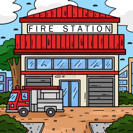Este clipart de dibujos animados muestra una ilustración de la estación de bomberos.