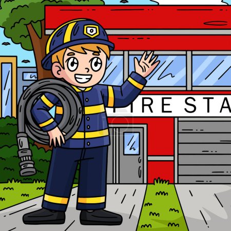 Illustration for This cartoon clipart shows a Firefighter Carrying a Fire Hose illustration. - Royalty Free Image