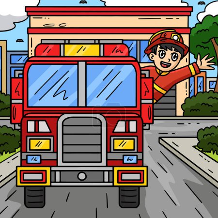This cartoon clipart shows a Firefighter Waving from a Fire Truck illustration.