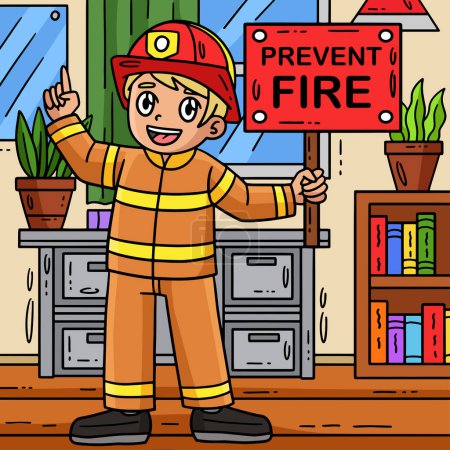 Este clipart de dibujos animados muestra a un bombero sosteniendo una ilustración recordatorio.
