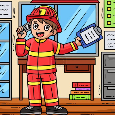 Ce clipart de dessin animé montre un pompier recevant une illustration d'appel.