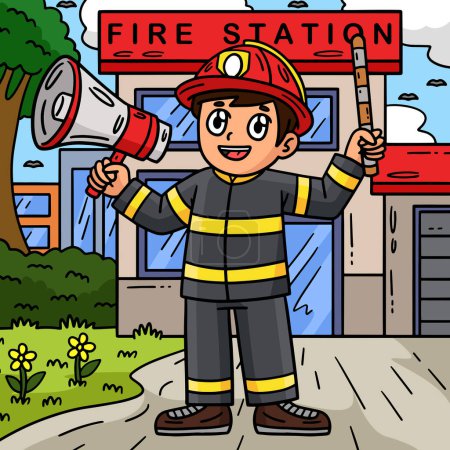 Este clipart de dibujos animados muestra a un bombero con una ilustración de megáfono.