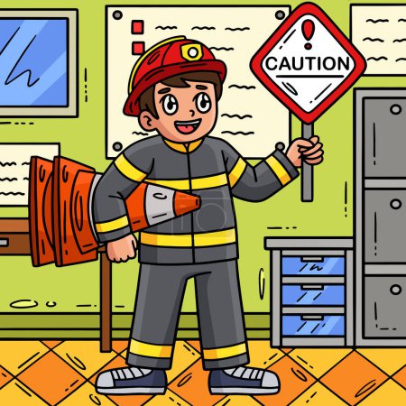 Este clipart de dibujos animados muestra a un bombero con una ilustración de signo de seguridad.