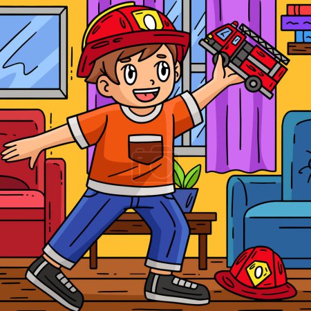 Este clipart de dibujos animados muestra a un niño con una ilustración de juguete de camión de bomberos.