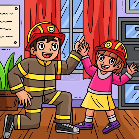 Ce clipart de bande dessinée montre une illustration pompier et enfant.