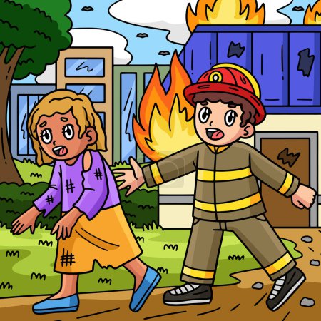 Illustration for This cartoon clipart shows a Firefighter Escorting a Survivor illustration. - Royalty Free Image