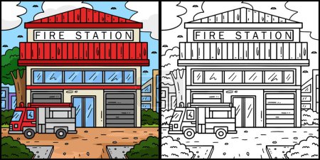 Diese Malseite zeigt eine Feuerwehrstation. Eine Seite dieser Illustration ist farbig und dient Kindern als Inspiration.