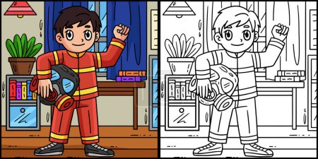 Illustration for This coloring page shows a Firefighter Holding a Gas Mask. One side of this illustration is colored and serves as an inspiration for children. - Royalty Free Image