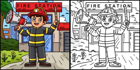 This coloring page shows a Firefighter with a Megaphone. One side of this illustration is colored and serves as an inspiration for children.