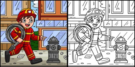 This coloring page shows a Firefighter and a Fire Hydrant. One side of this illustration is colored and serves as an inspiration for children.