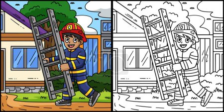Diese Malseite zeigt einen Feuerwehrmann mit Leiter. Eine Seite dieser Illustration ist farbig und dient Kindern als Inspiration.