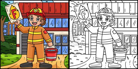 Diese Malseite zeigt einen Feuerwehrmann mit dem Buchstaben F. Eine Seite dieser Abbildung ist farbig und dient als Inspiration für Kinder.