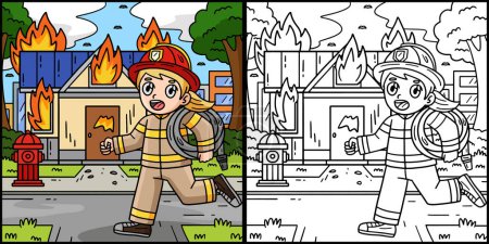 Illustration for This coloring page shows a Firefighter and a Building on Fire. One side of this illustration is colored and serves as an inspiration for children. - Royalty Free Image
