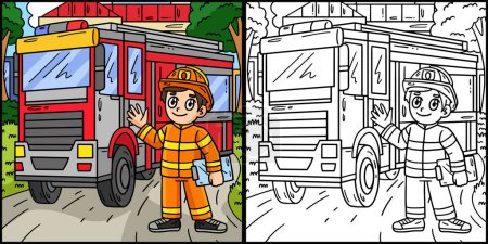 Illustration for This coloring page shows a Firefighter and a Fire Truck. One side of this illustration is colored and serves as an inspiration for children. - Royalty Free Image