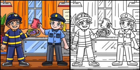 Diese Malseite zeigt einen Feuerwehrmann und eine Polizistin. Eine Seite dieser Illustration ist farbig und dient Kindern als Inspiration.