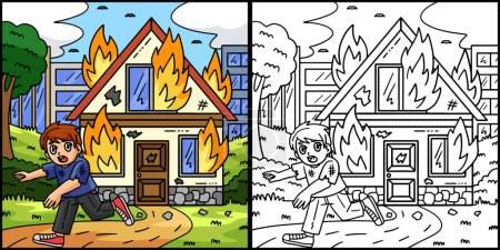 Illustration for This coloring page shows a Firefighter Civilian with Burning House. One side of this illustration is colored and serves as an inspiration for children. - Royalty Free Image