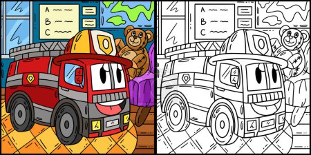 Esta página para colorear muestra un juguete de camión de bomberos. Un lado de esta ilustración es de color y sirve como inspiración para los niños.